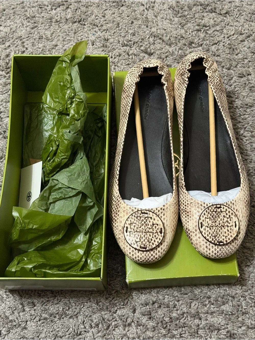 Tory Burch Minnie Travel Ballet In Snake-Embosses Leather Women’s Size 10